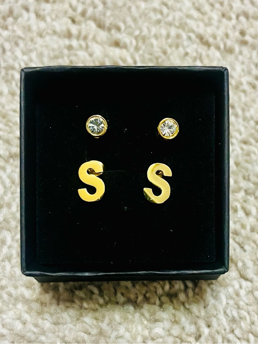 Gold Initial 'S' Stud Earrings with Crystal Accent - Women Jewelry